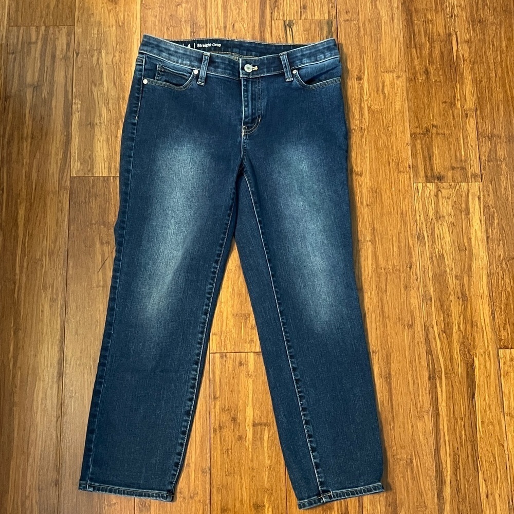 Talbots Jeans, Straight Crop 24” Inseam, Sz 4, distressed markings on front.